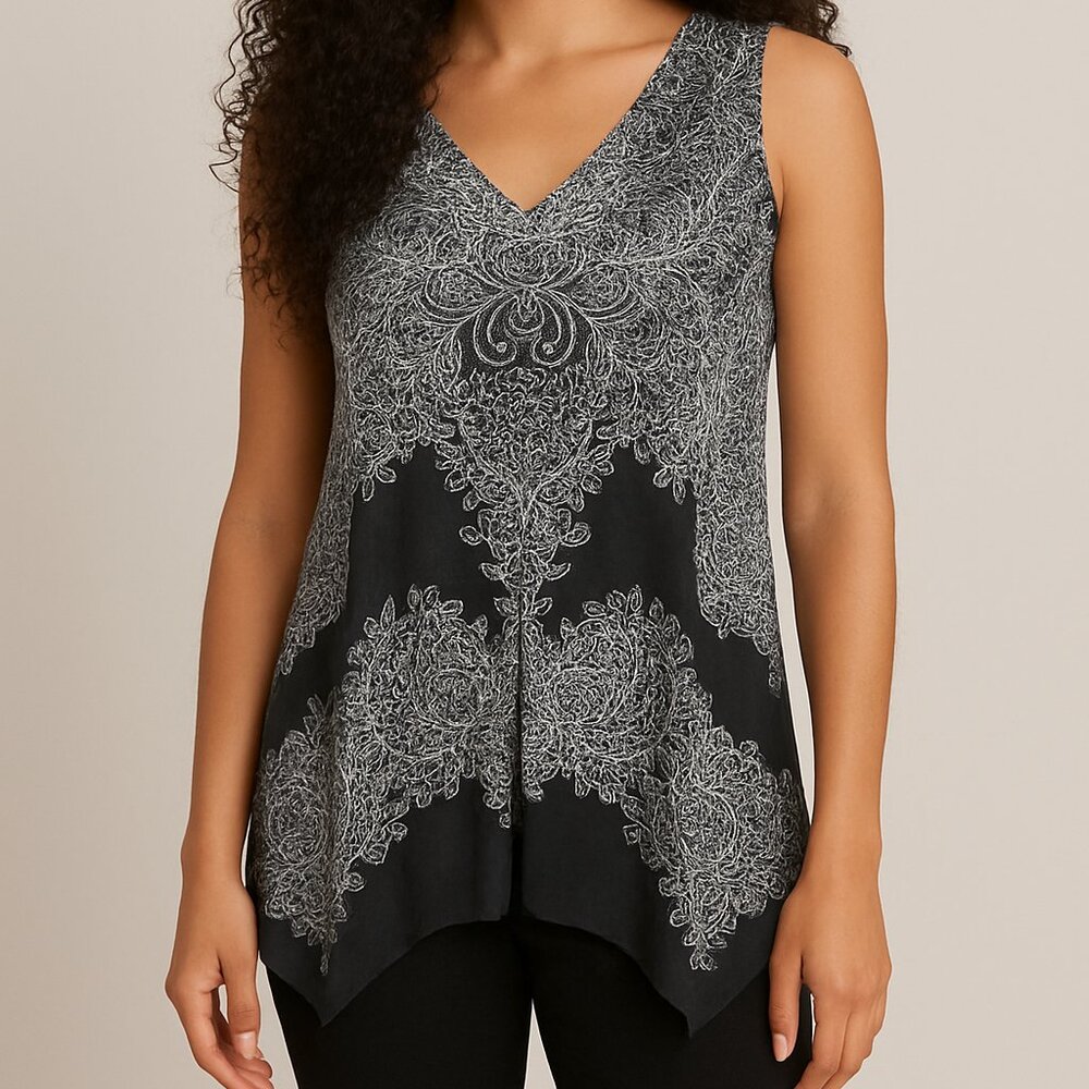 INC‎ Asymmetrical Tank Top Sz L/XL Black Sheer Boho Flowy Whimsigoth Dark Witchy